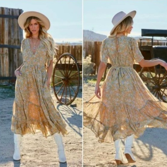 NWT Storia Clarity Tiered Ruffle Floral Maxi Dress Washed Yellow Large - Picture 3 of 16
